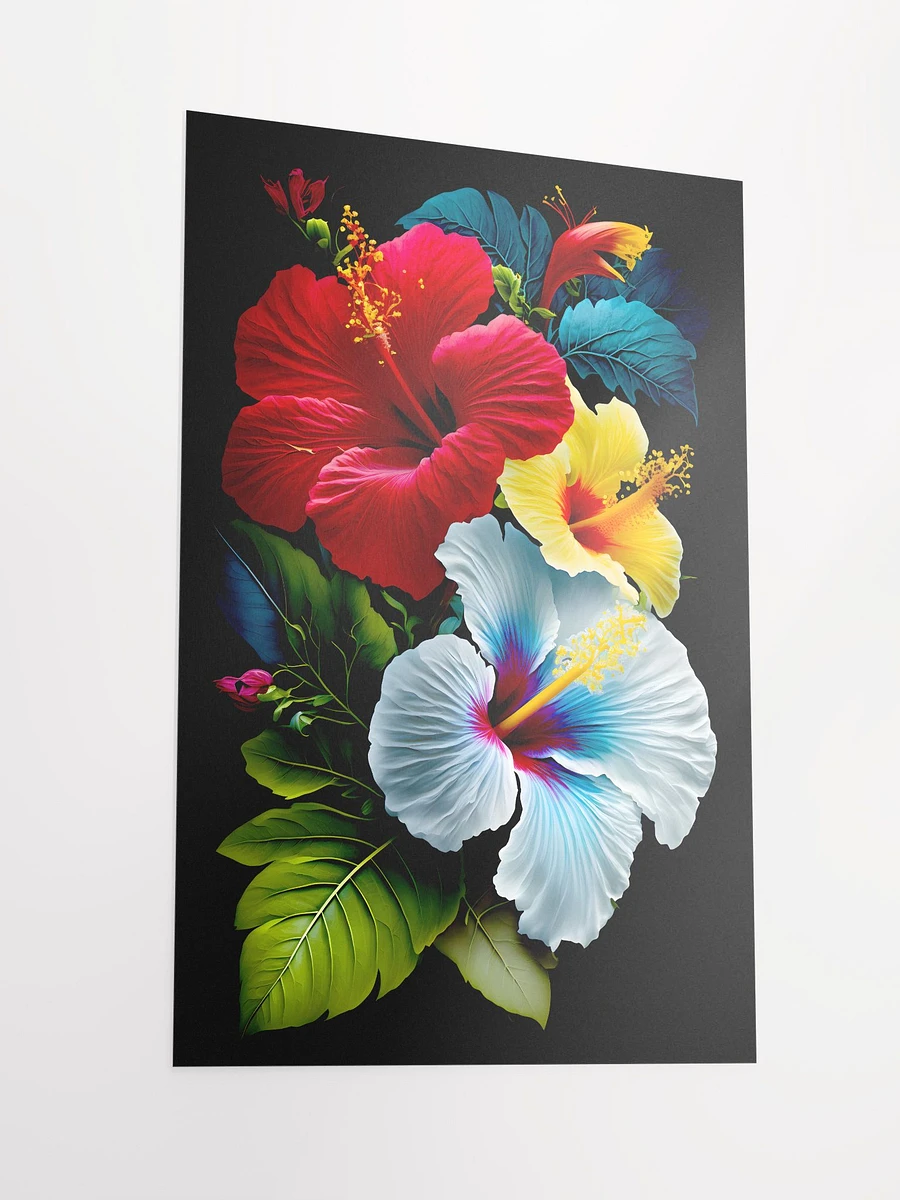 Bouquet of Hibiscus Flowers in Red Yellow Blue with Leaves Black Background Matte Poster product image (4)
