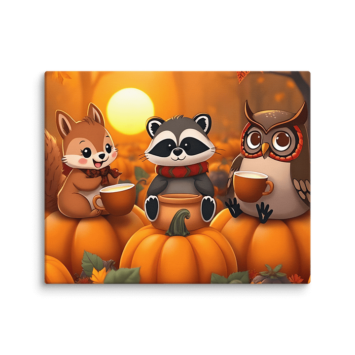 Autumn Harvest Tea Party in a Pumpkin Patch Canvas Art – Whimsical Fall Kids Room Decor, Cute Nursery Wall Art, Seasonal Gift for Children product image (1)
