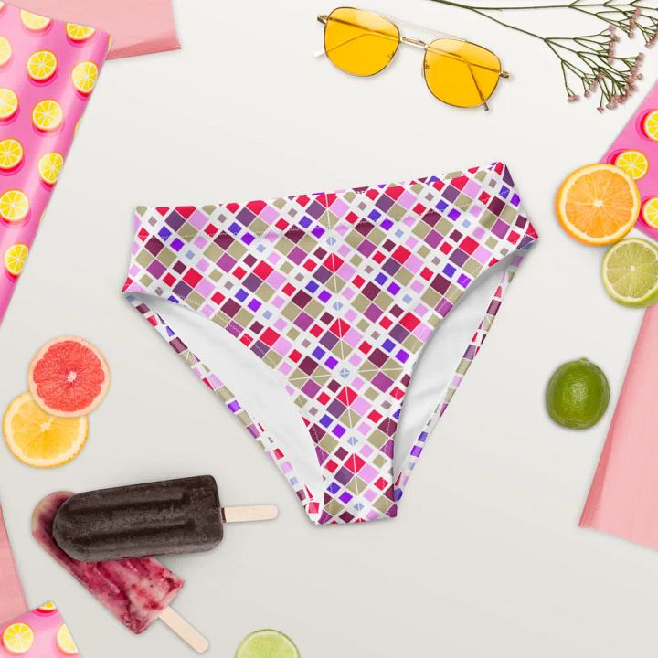 Colorful Square Pattern Design High Waist Bikini Bottom - V2 product image (1)
