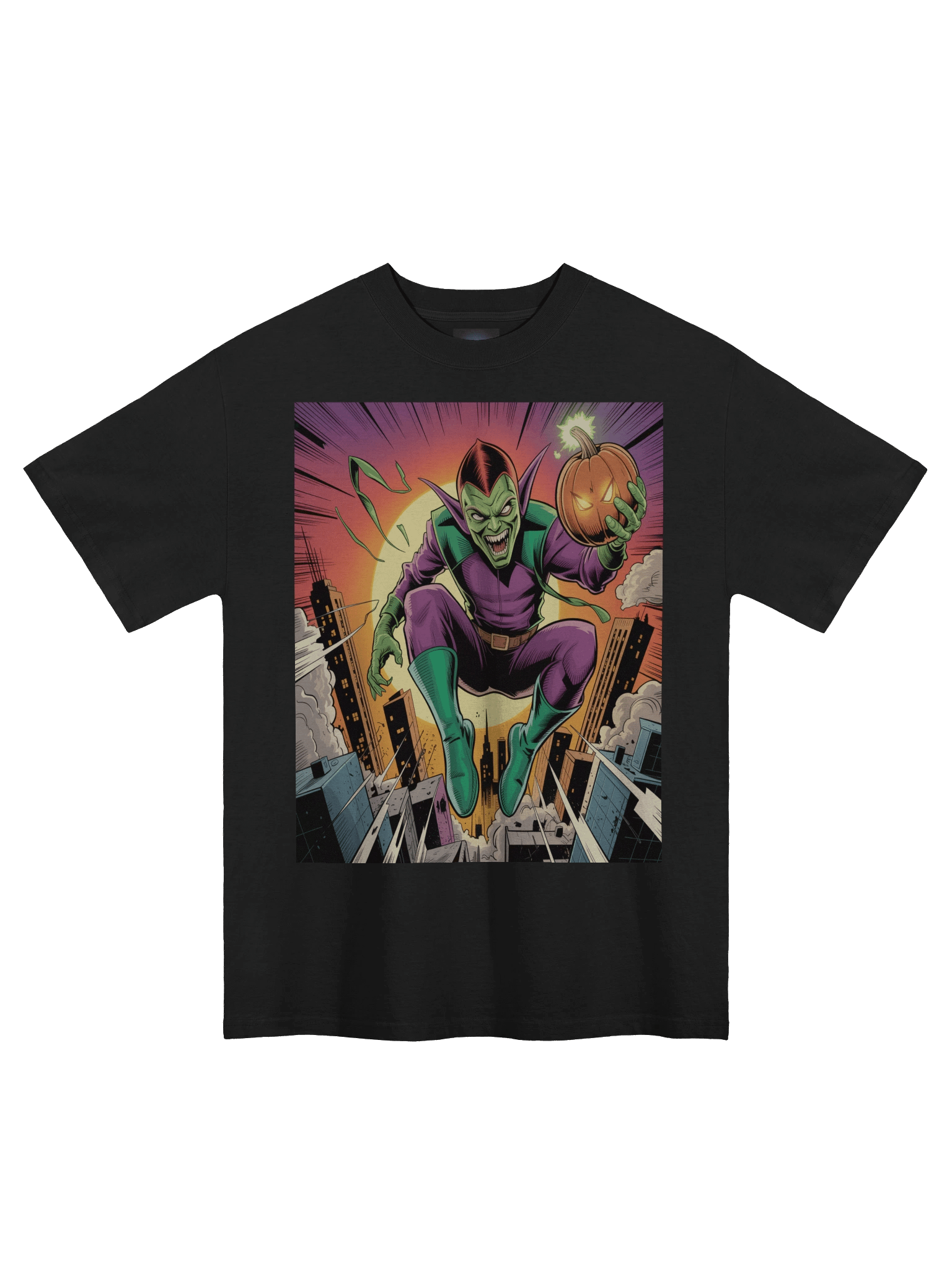 Green Goblin Sunset Siege Oversized Faded T-Shirt – Pumpkin Bomb Twilight Terror product image (3)