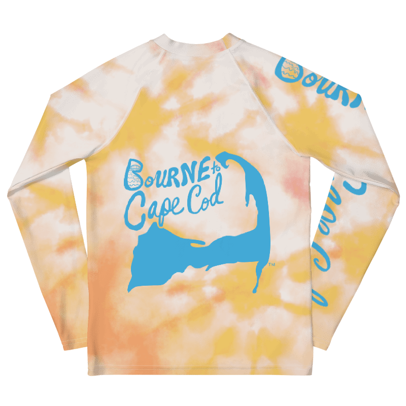 YOUTH | Rash Guard | BRN.2C.C.™ Front Graphic | BOURNE to Cape Cod™ Sleeve & Back Logo | Coastal Swim Shirt for Kids | UV Protection Activewear | Blue Logo on Orange Tie-Dye product image (9)