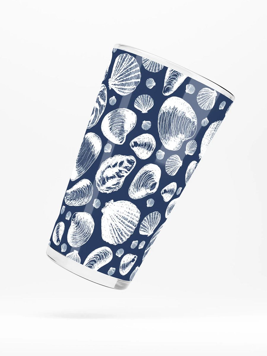 New England Tidal Treasures | | White on Dark Blue | Coastal Shell Repeat | Shaker Pint Glass by Monique Faella Designs™ Shell Yeah, It’s Sip Time 🐚🍺🌊 product image (5)
