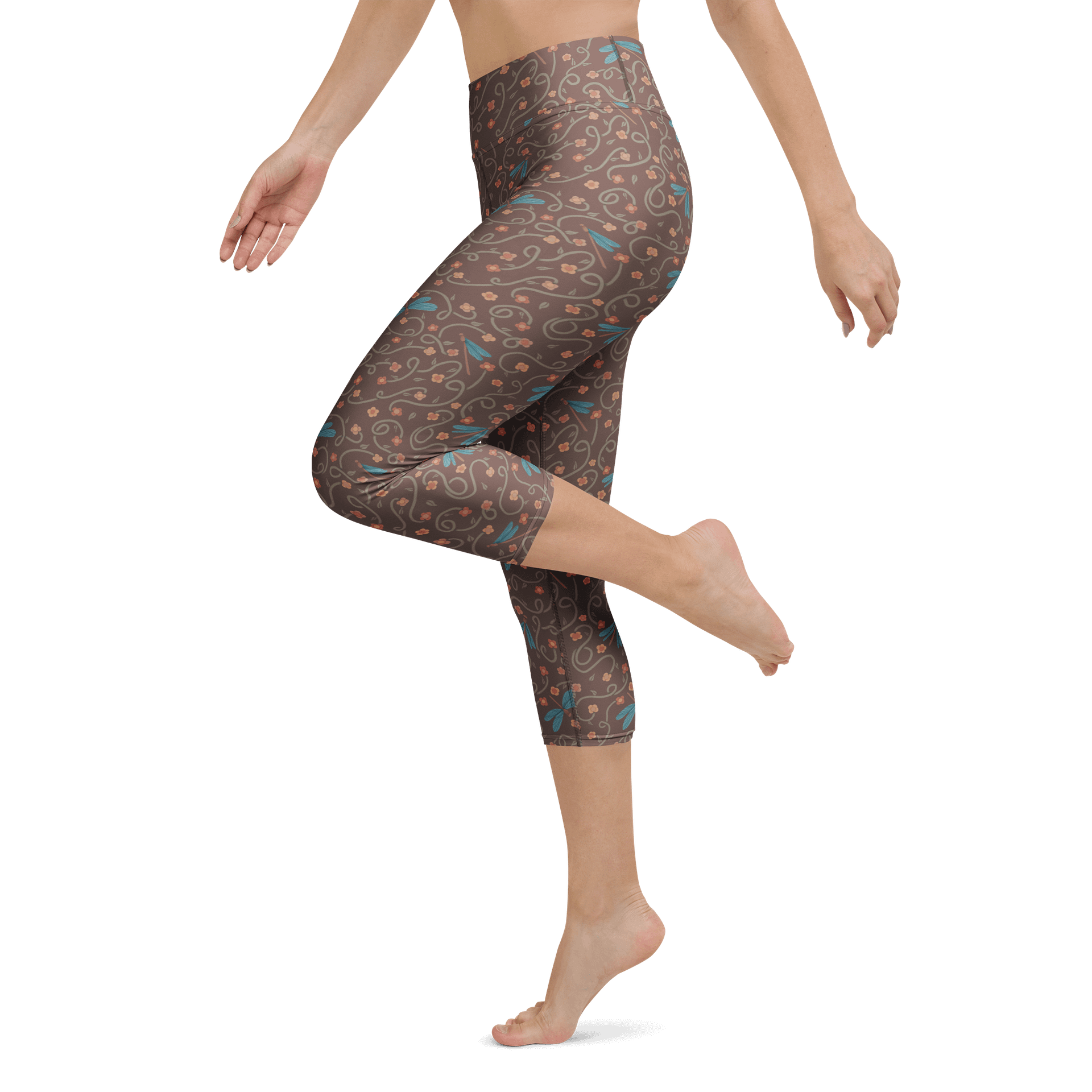 All-Over yoga capri leggings. Dragonfly and floral artistic activewear product image (5)