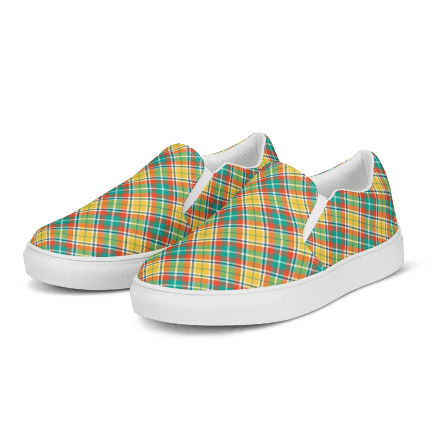 Yellow and Seafoam Green Plaid Women's Slip-On Shoes product image (3)