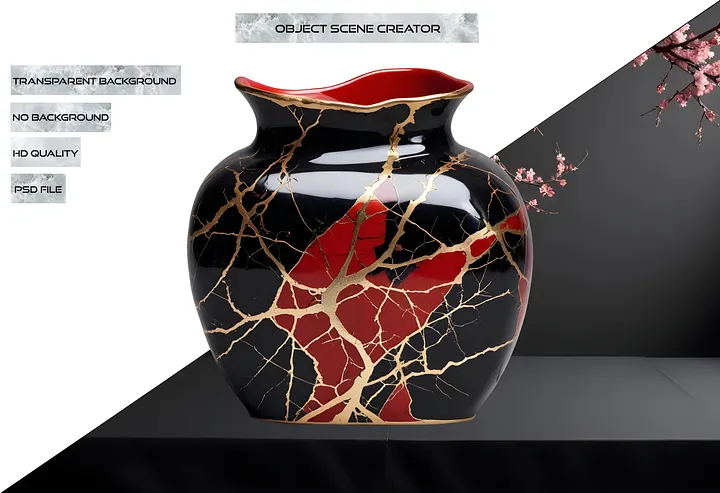 Kintsugi Radiance – Black and Red Vase with Golden Veins PNG product image (2)