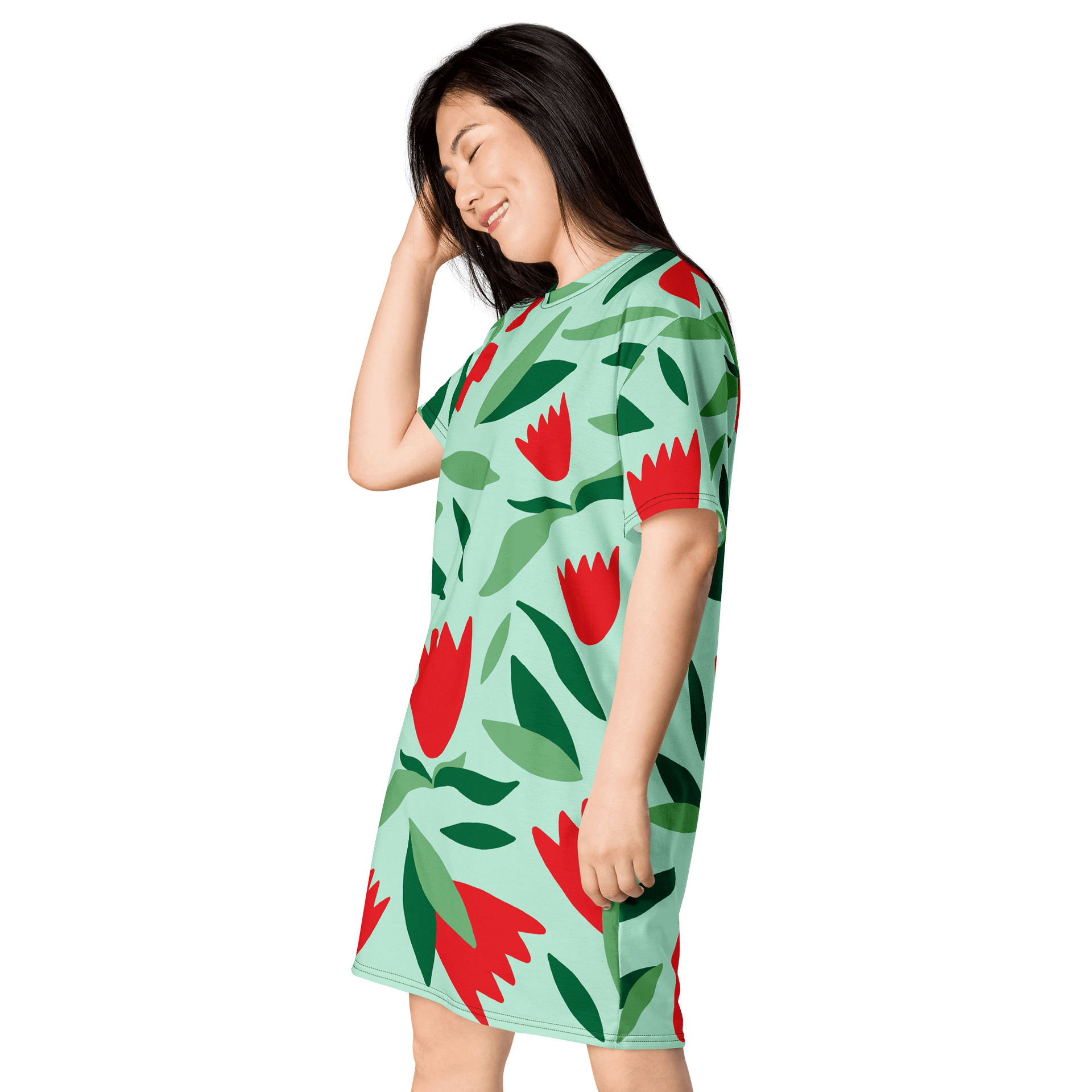 Floral Oversized T-Shirt Dress in Vibrant Red and Green - Exclusive TDSMUSIC Design product image (3)