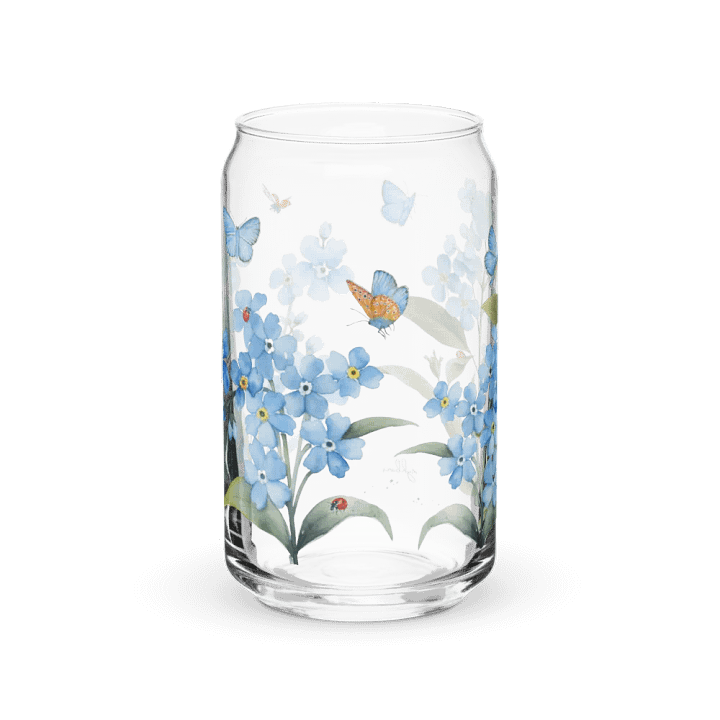 Forget-Me-Not Whispers Glass Can Tumbler | 16oz Eco-Friendly Botanical Drinkware | Blue Blossoms & Butterflies Design product image (1)