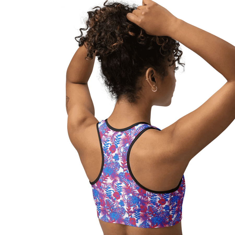 sports bra in blue and pink colors tropical leaves design. Perfect for holiday vibes product image (10)