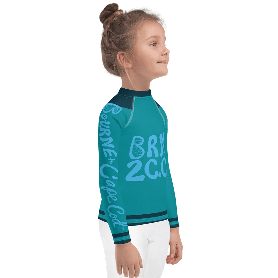 Girls' | Little KIDS | Rash Guard | BRN.2C.C.™ Front Print | BOURNE to Cape Cod™ Back & Sleeve Logo | Coastal UV Shirt for Active Kids | Slim Fit Swim Top | Blue Logo on Blue Stripes product image (4)