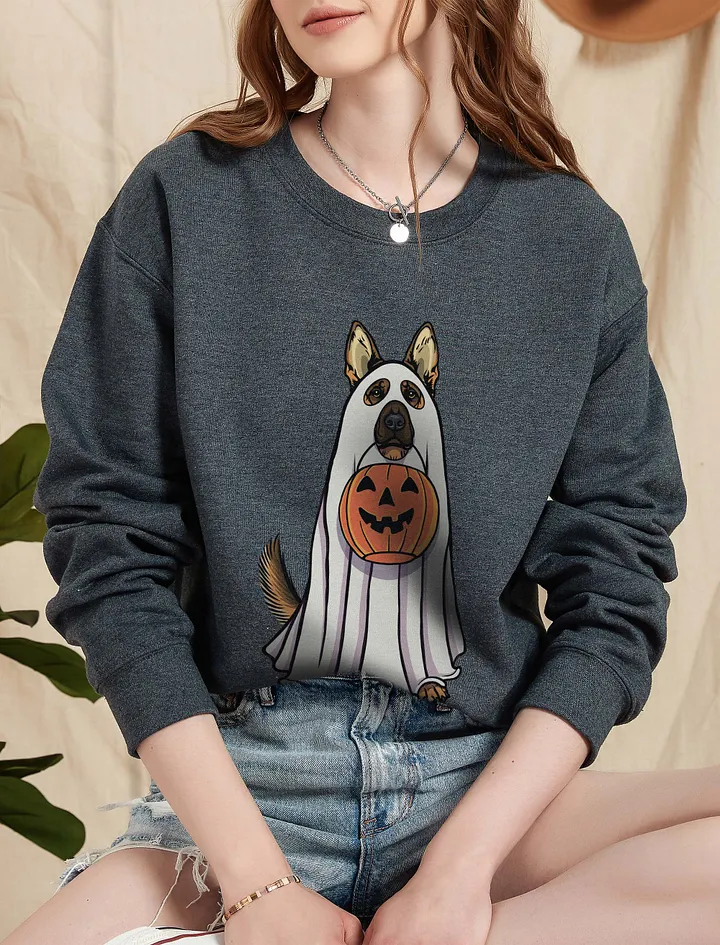 Funny Halloween German Shepherd Sweatshirt | Funny GSD Wearing a Ghost Costume and Holding a Pumpkin Basket product image (5)