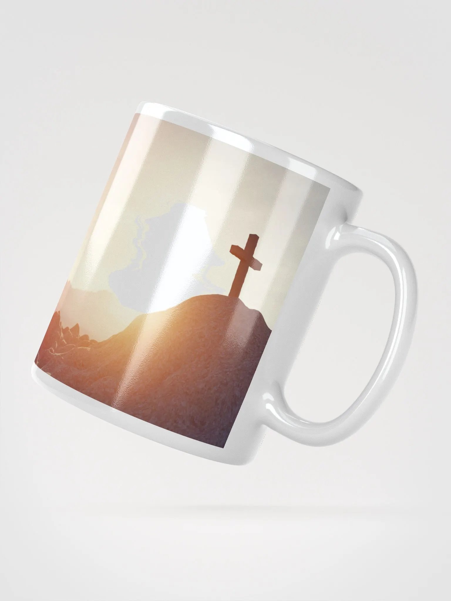 Large cross silhouetted against a dramatic sunset & a cross placed on top of a rocky hill, bathed in the warm glow of a sunrise or sunset Mug product image (6)