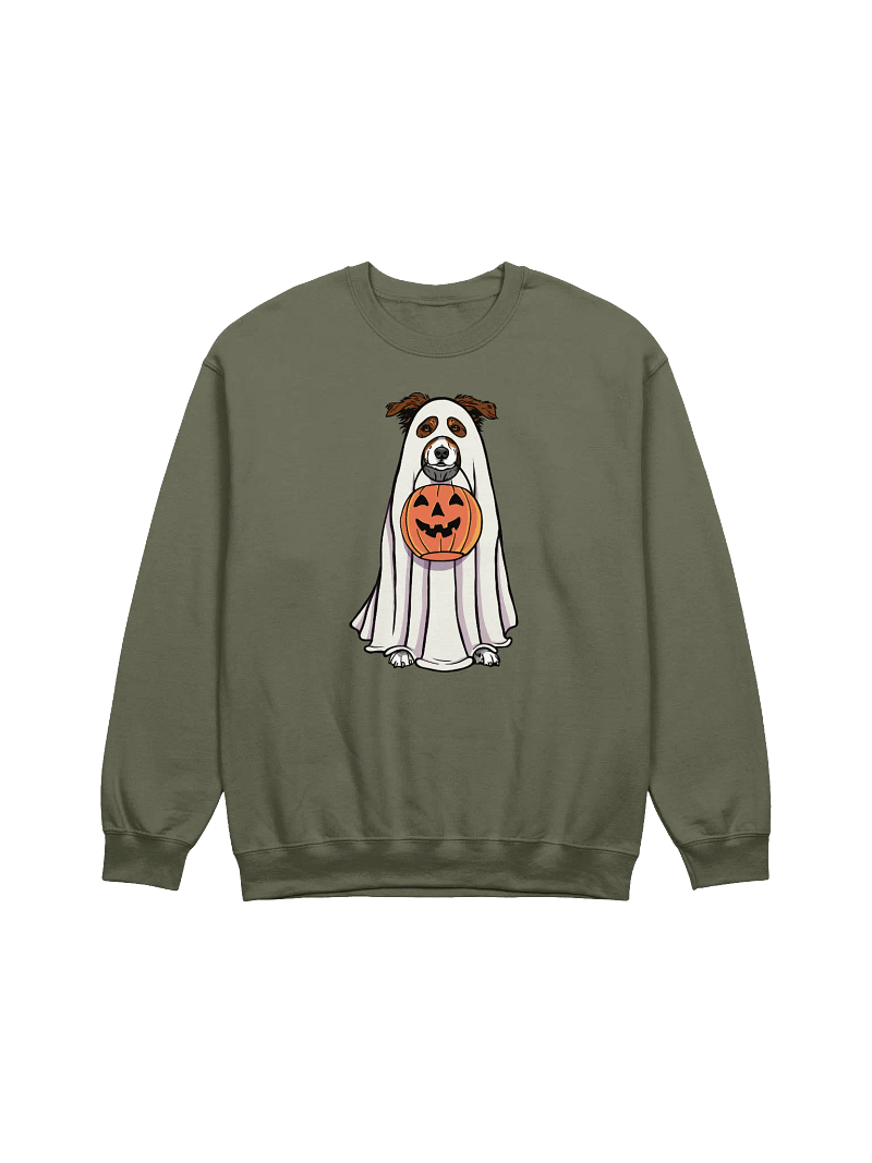 Funny Halloween Australian Shepherd(Red Tricolor) Sweatshirt | Funny Aussie Wearing a Ghost Costume and Holding a Pumpkin Basket