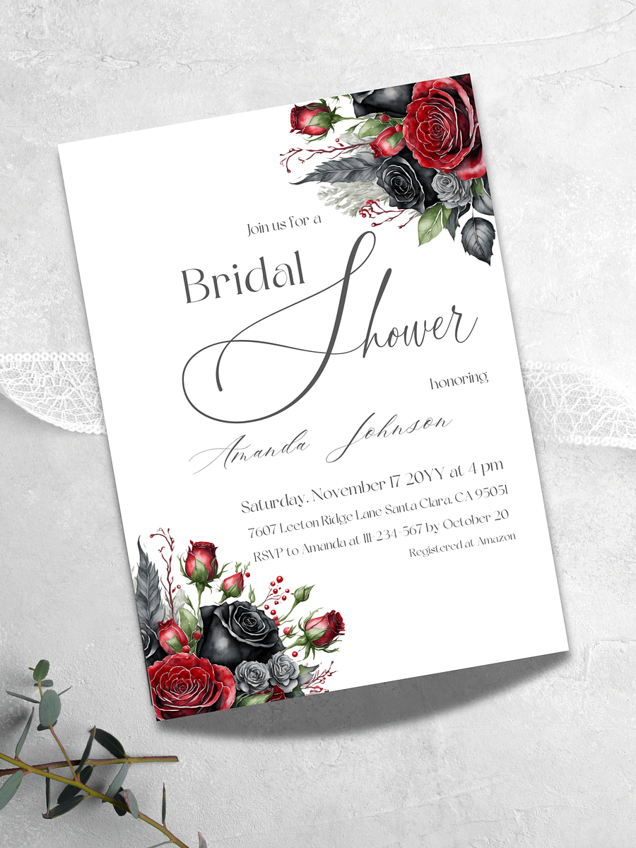 Dark Flowers Bridal Shower Invitation, Rustic Black Floral Wedding Shower Invite Canva Template, Printable Garden Party, Digital Download product image (1)