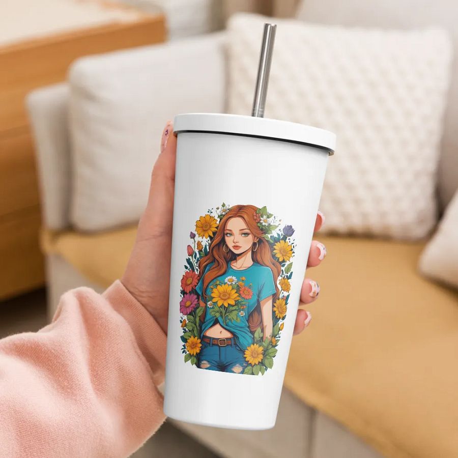 Bloomcore Flower Girl 20 oz Tumbler Cup - White - Insulated Tumbler with a Straw - v1 product image (3)
