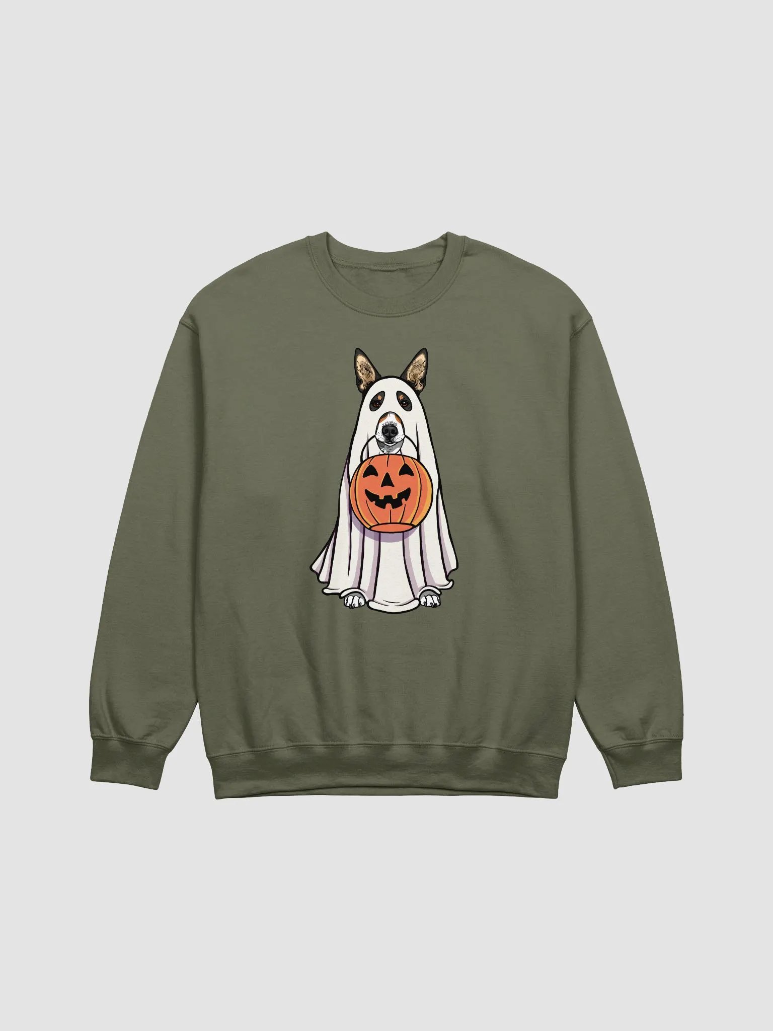 Funny Halloween Basenji(Tricolor) Sweatshirt | Funny Basenji Wearing a Ghost Costume and Holding a Pumpkin Basket product image (13)