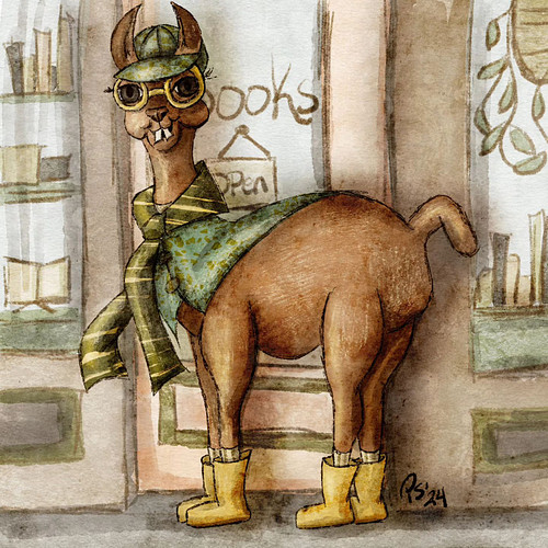 Why is a llama going to a bookstore? Why is he wearing rain boots? Lol just what I wanted to do this morning. #kidlitillustra...