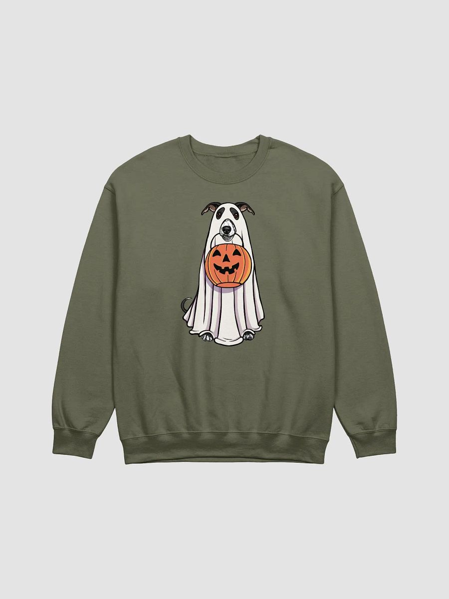Funny Halloween Whippet(Black) Sweatshirt | Funny Dog Wearing a Ghost Costume and Holding a Pumpkin Basket product image (13)
