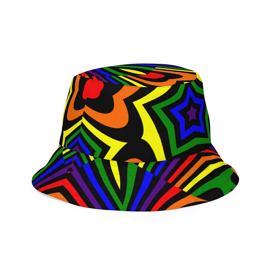 Reverisble Rainbow Bucket Hat, Queer Pride Stars Hearts Psychedelic Art Accessory product image (6)