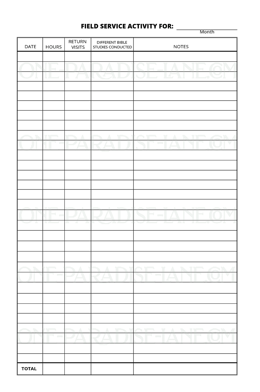 JW Field Service Activity Record Sheet (PDF) product image (1)