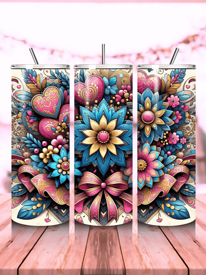 Whimsical Flowers & Bows Tumbler Wrap PNG – 20oz Skinny Sublimation Design – Hand-Drawn Floral Art – 300 DPI Digital Download product image (1)
