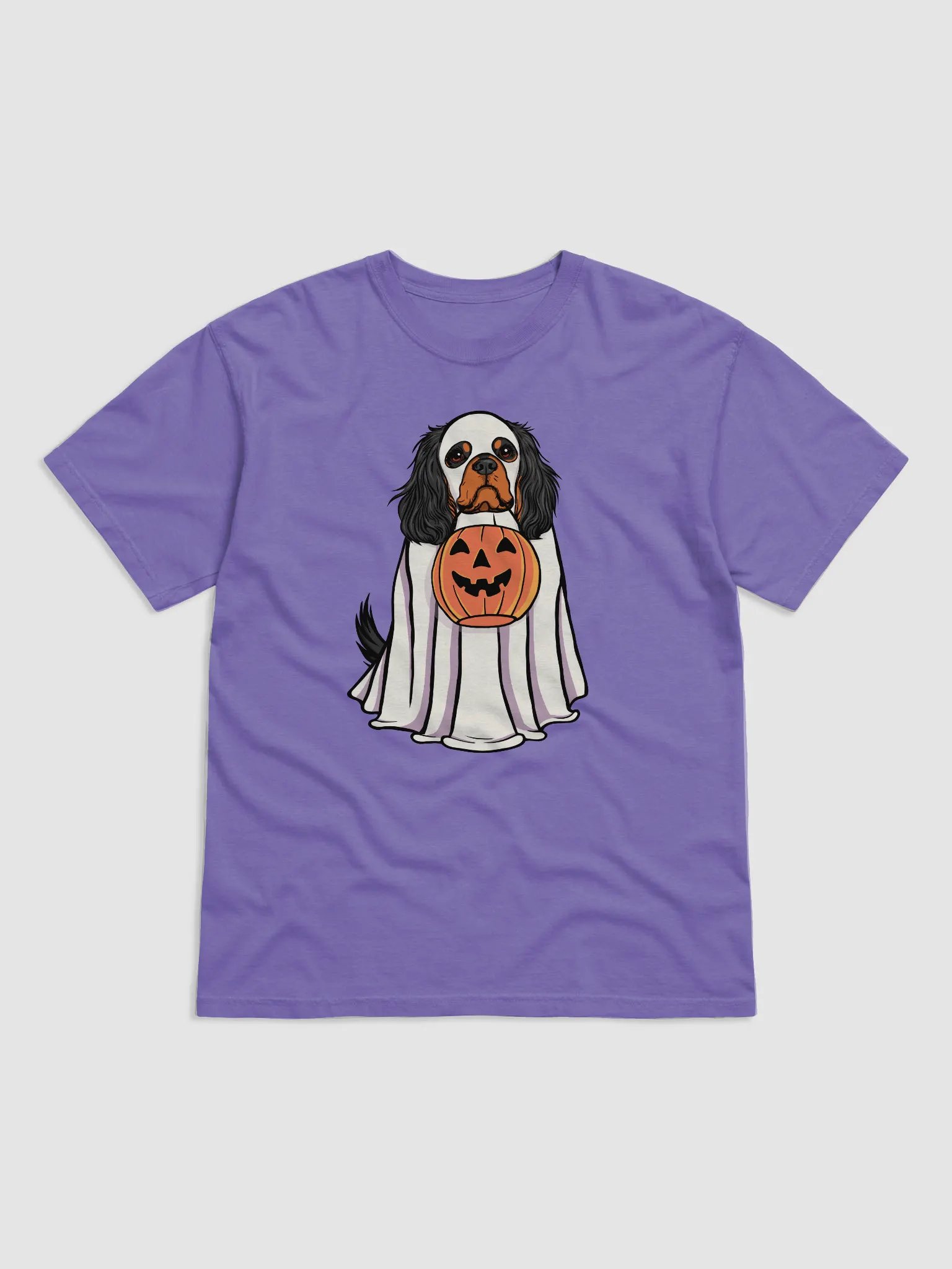 Funny Halloween Cavalier King Charles Spaniel(Black & Tan) T-Shirt | Funny Cavalier Wearing a Ghost Costume and Holding a Pumpkin Basket product image (23)
