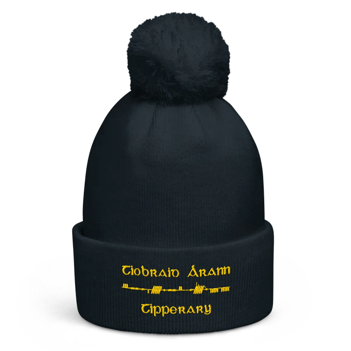 Tipperary/Tiobraid Árann Scholastic style Ogham, Navy with Gold, embroidered Pom-Pom Beanie product image (1)