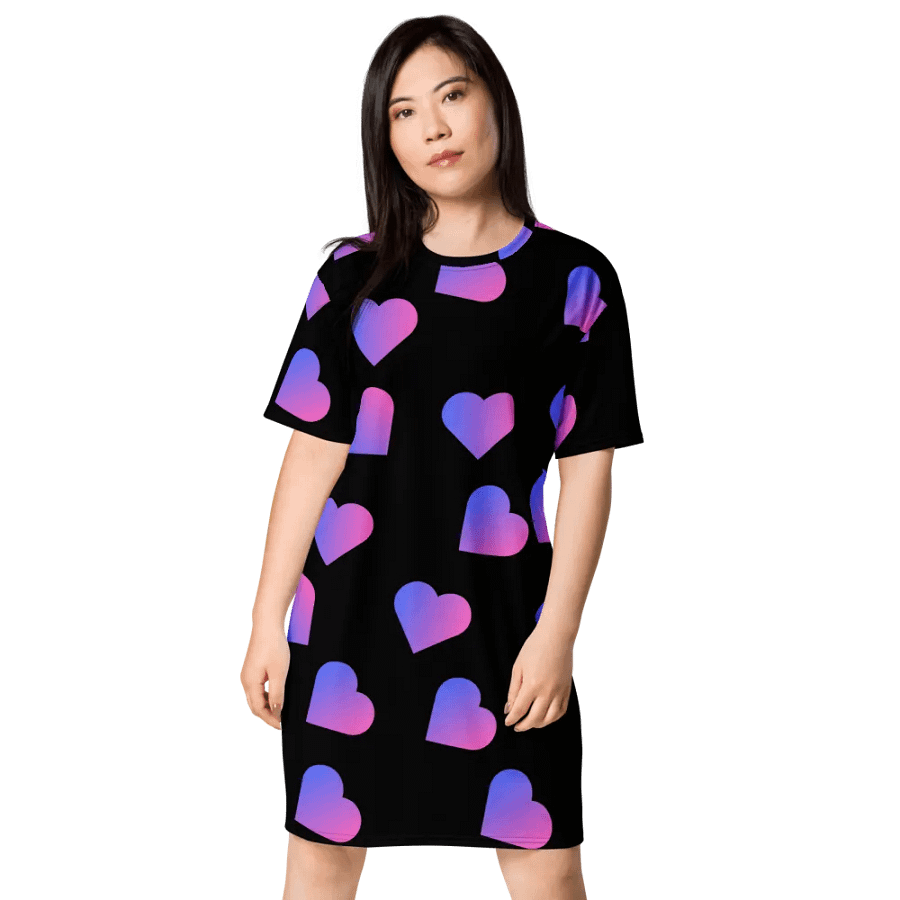 Love Pattern Pink Hearts on Black Background Ladies T Shirt Dress product image (1)