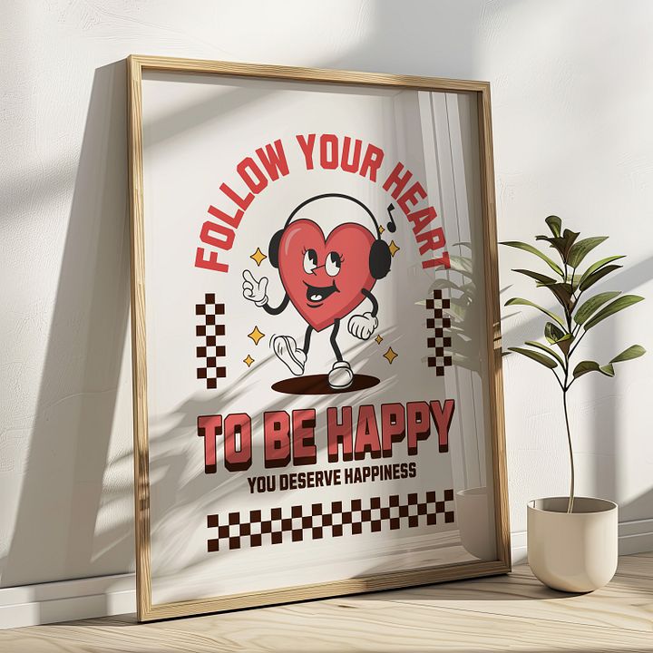 Follow Your Heart Happiness Quote & Vintage Heart Mascot Retro Art Print product image (1)