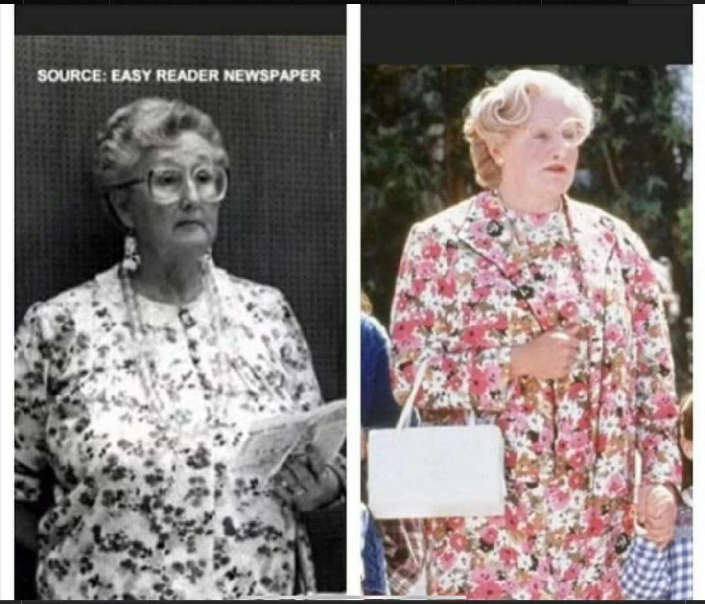 As promised, this is side-by-side photo of Virginia McMartin and Mrs. Doubtfire portrayed by Robin Williams. The resemblance ...