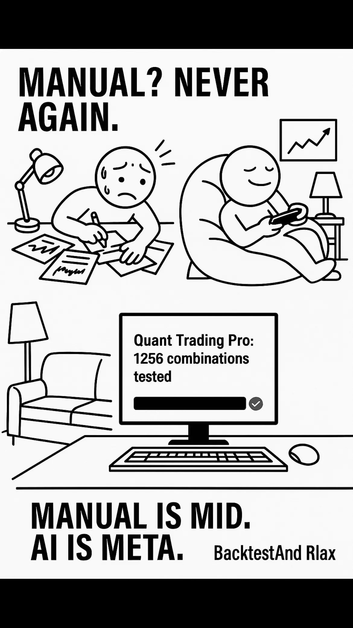 From Chaos to Clarity: Why Manual Trading Is Outdated AF You can keep stressing over paper logs and indicators that “almost worked”… Or you can let an AI do the heavy lifting. We built Quant Trading Pro because we were tired of guessing. Tired of testing one setting at a time. Tired of missing the perfect setup because we were too busy trying to be a robot. Now? ✅ 1,256 strategies tested while we nap ✅ $2.1K PnL setups found before we even finish our pizza ✅ New edges discovered on autopilot — across all pairs, all timeframes No coding. No pine script. No burnout. Just results. 🧪 Comment “QTP” and we’ll send you a free 1-month trial code for our Elite Backtester. — #BacktestAndRelax #CryptoTrading #TradingBot #AlgoTrading #ManualIsMid #QuantTradingPro #StrategyTesting     