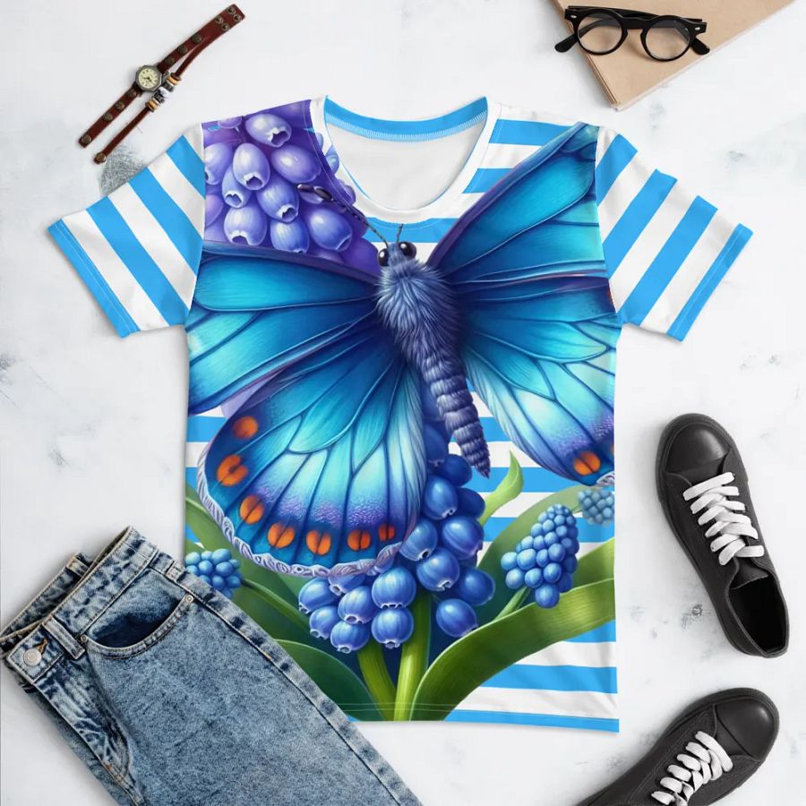 Butterfly Bliss Blue Stripped All-Over Print Women's T-Shirt product image (10)