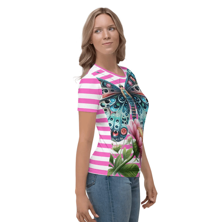 Whimsical Eyes Butterfly Women's Pink Stripped T-Shirt product image (4)