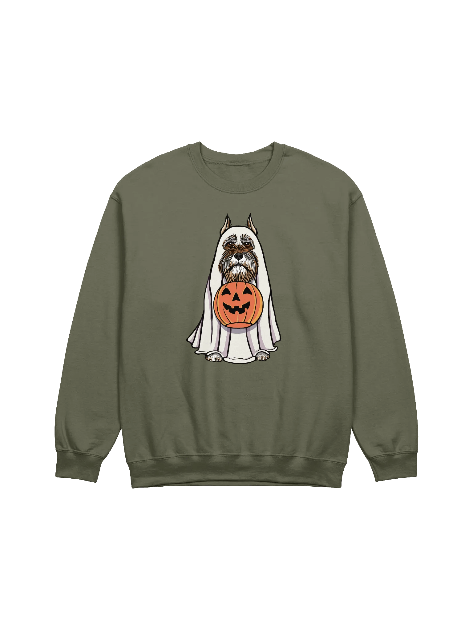 Funny Halloween Schnauzer(Cropped Ears Liver) Sweatshirt | Funny Schnauzer Wearing a Ghost Costume and Holding a Pumpkin Basket product image (17)