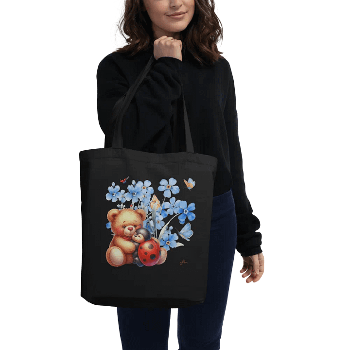 Forget-Me-Not Whispers Teddy Bear Tote Bag – Organic Cotton Twill, Floral Design with Teddy Bear & Ladybug, Eco-Friendly Bag product image (2)