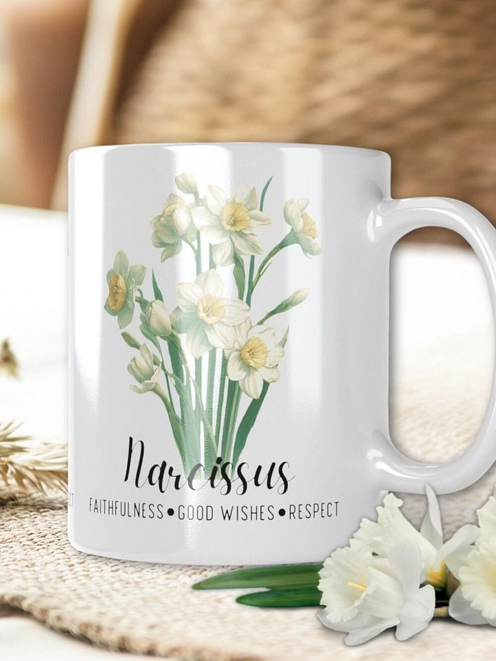 Narcissus Ceramic White Mug: Faithfulness, Good Wishes, Respect December Birth Month Flower product image (1)