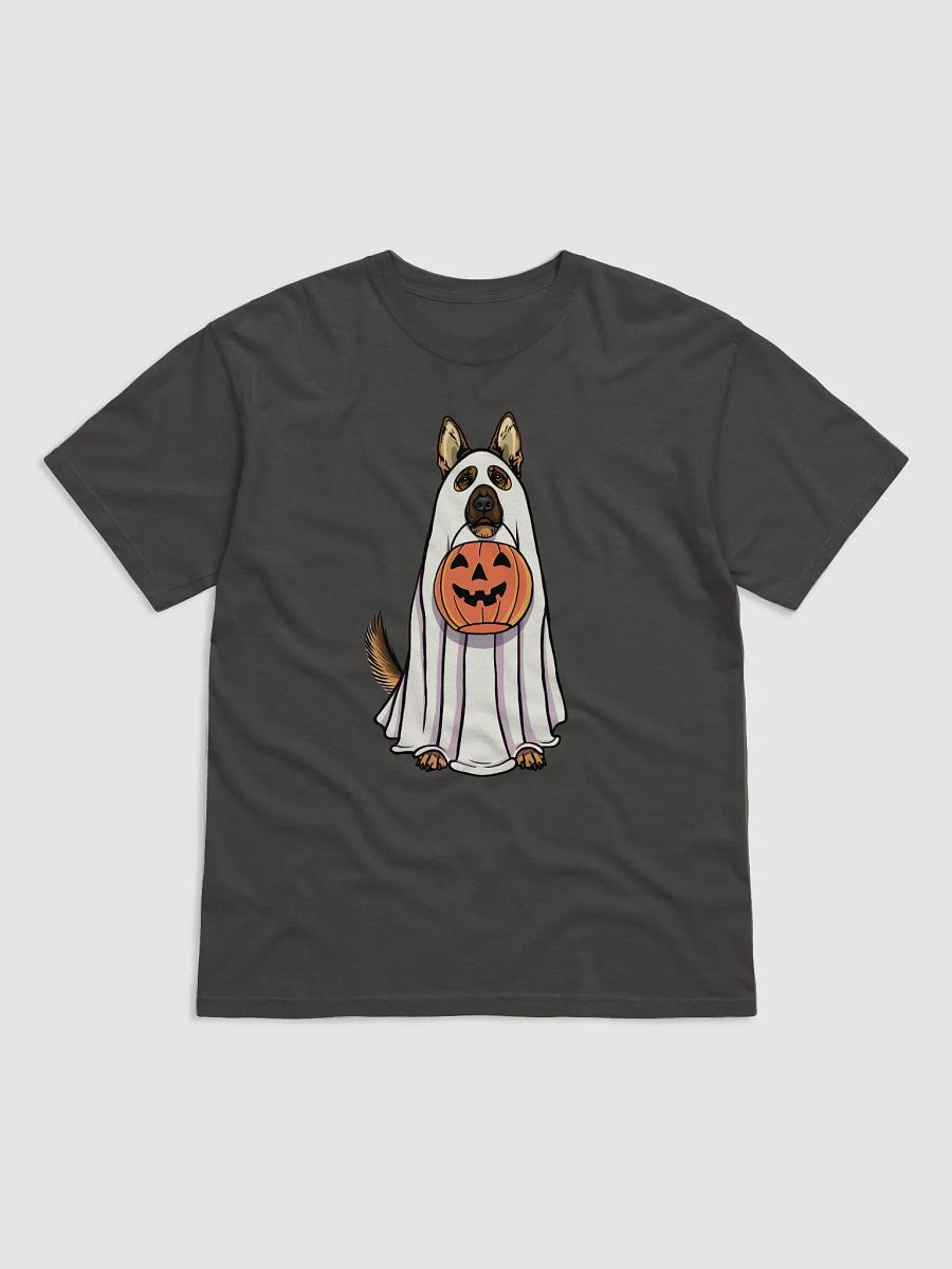 Funny Halloween German Shepherd T-Shirt | Funny GSD Wearing a Ghost Costume and Holding a Pumpkin Basket product image (17)