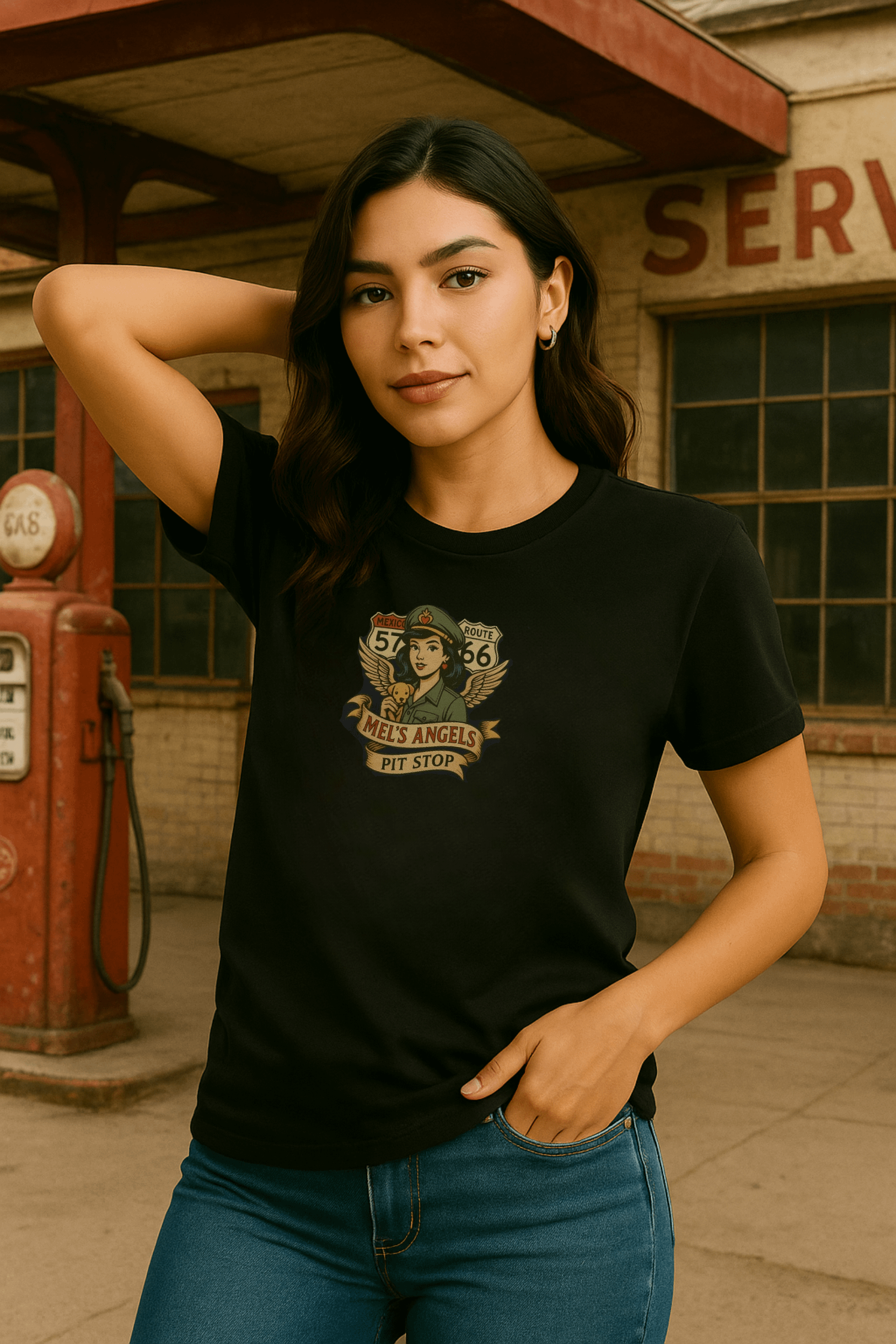 Mel’s Angels Pit Stop T-Shirt – Vintage Biker Style Route 57/66 Tee product image (1)