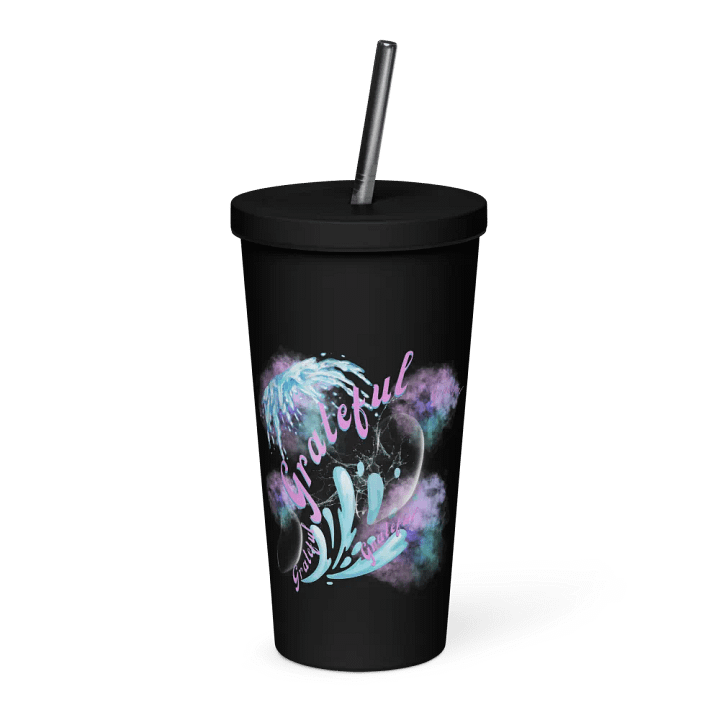 Insulated tumbler with beautiful swirly blue water splash and drops design featuring “grateful’ product image (1)
