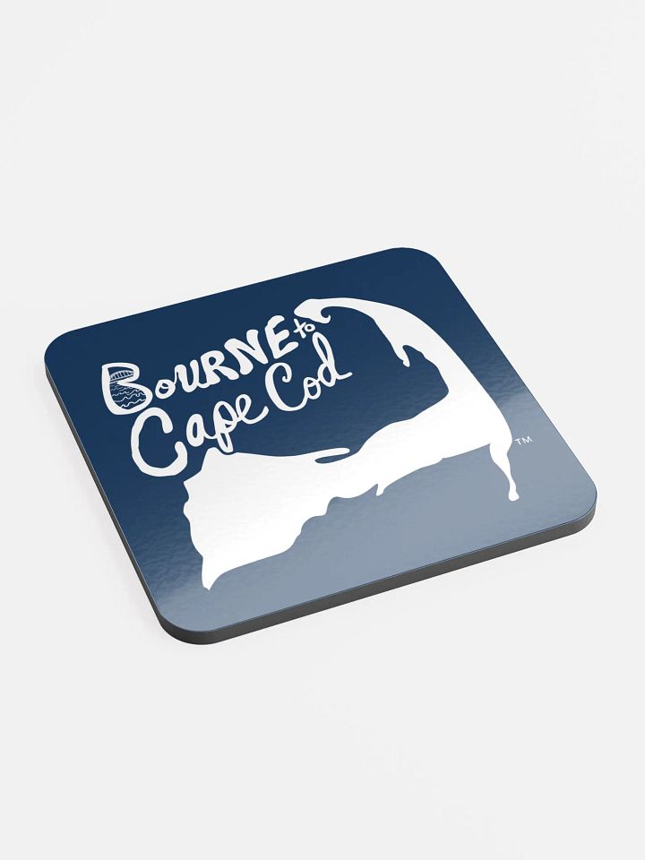 BOURNE to Cape Cod™ | Coastal Coaster | Glossed Cork | Eco-Friendly | Minimalist Coastal Decor | 3.74" Square | White Logo on Navy product image (2)