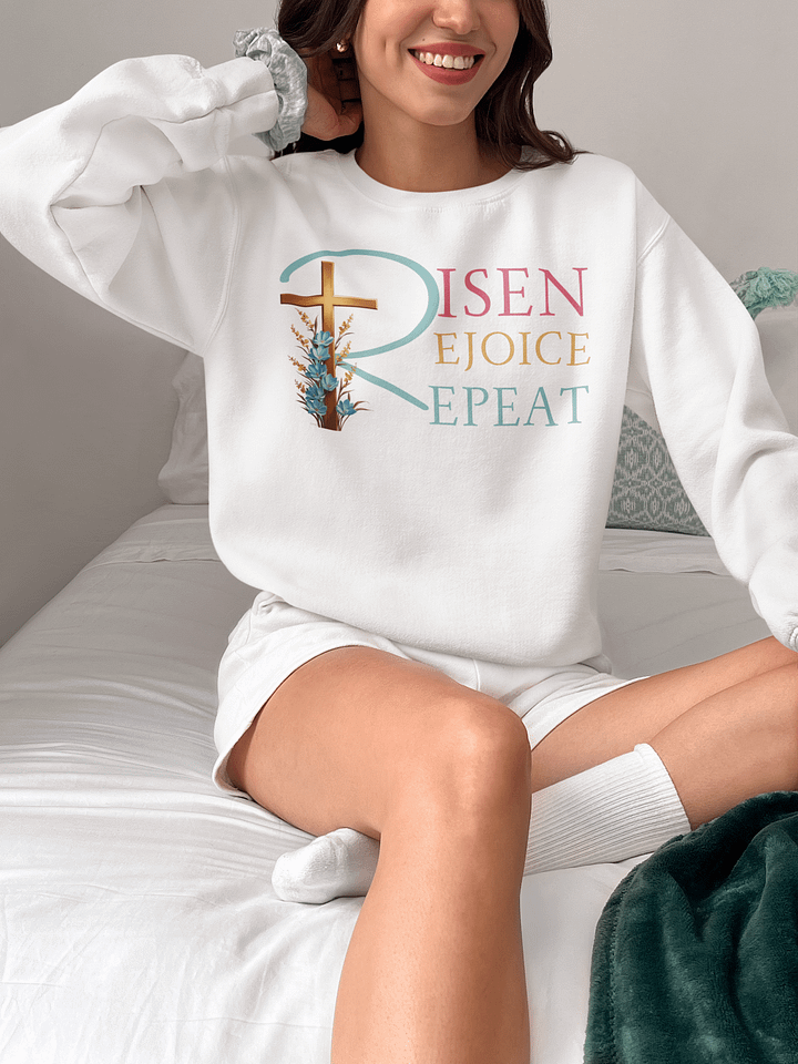 Risen Rejoice Repeat Christian Faith Gildan Sweater product image (1)