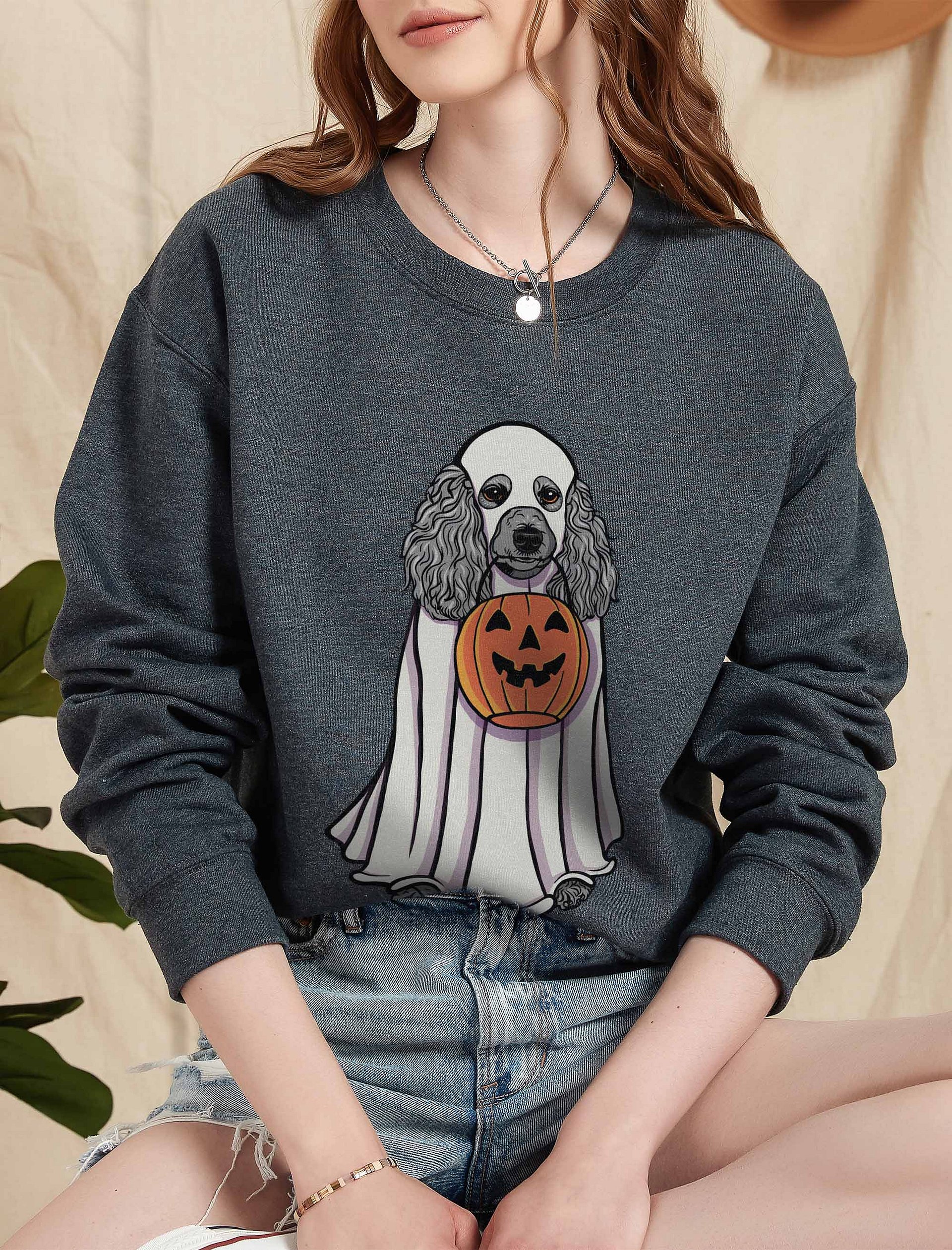 Funny Halloween Poodle(Silver) Sweatshirt | Funny Papillon Wearing a Ghost Costume and Holding a Pumpkin Basket product image (5)