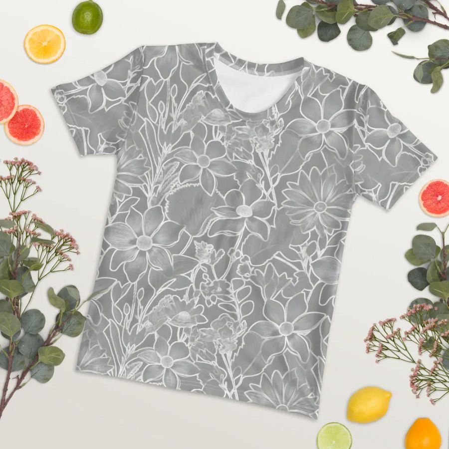 Line art Gray and White Floral/All-Over Print Women's Crew Neck T-Shirt by Sublicolor product image (4)