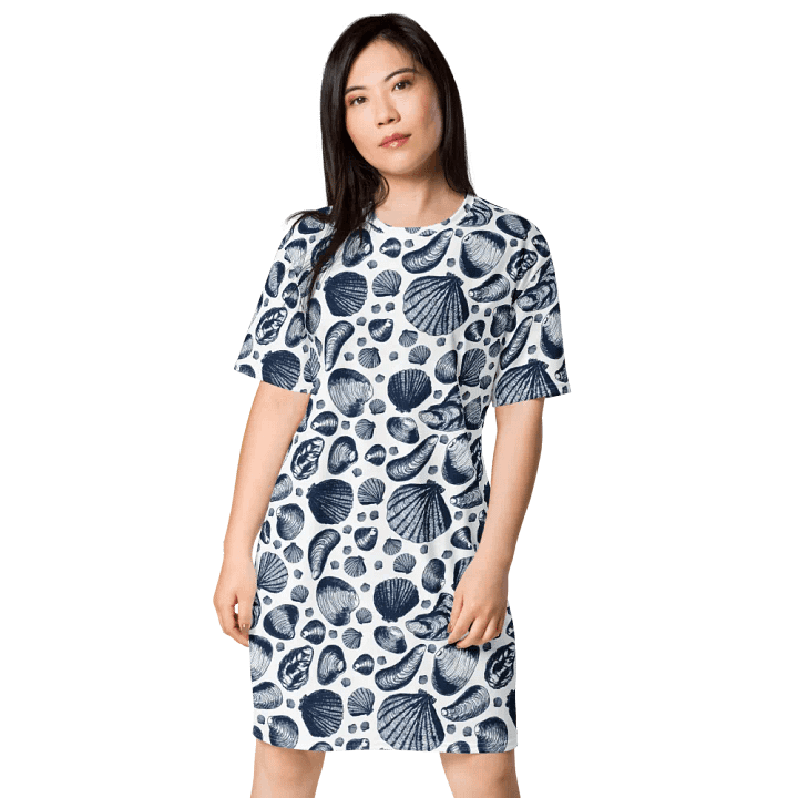 Women's | New England Tidal Treasures | T-Shirt Dress | Seashell Print, Oversized & Comfy | Dark Blue on White product image (1)