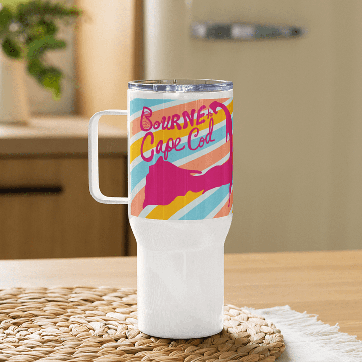 BOURNE to Cape Cod™ | Allcolor 267 | Stainless Steel Travel Mug with Handle | Insulated, Spill-Proof, Coastal Adventure Style | Pink Logo on Bright Stripes product image (1)