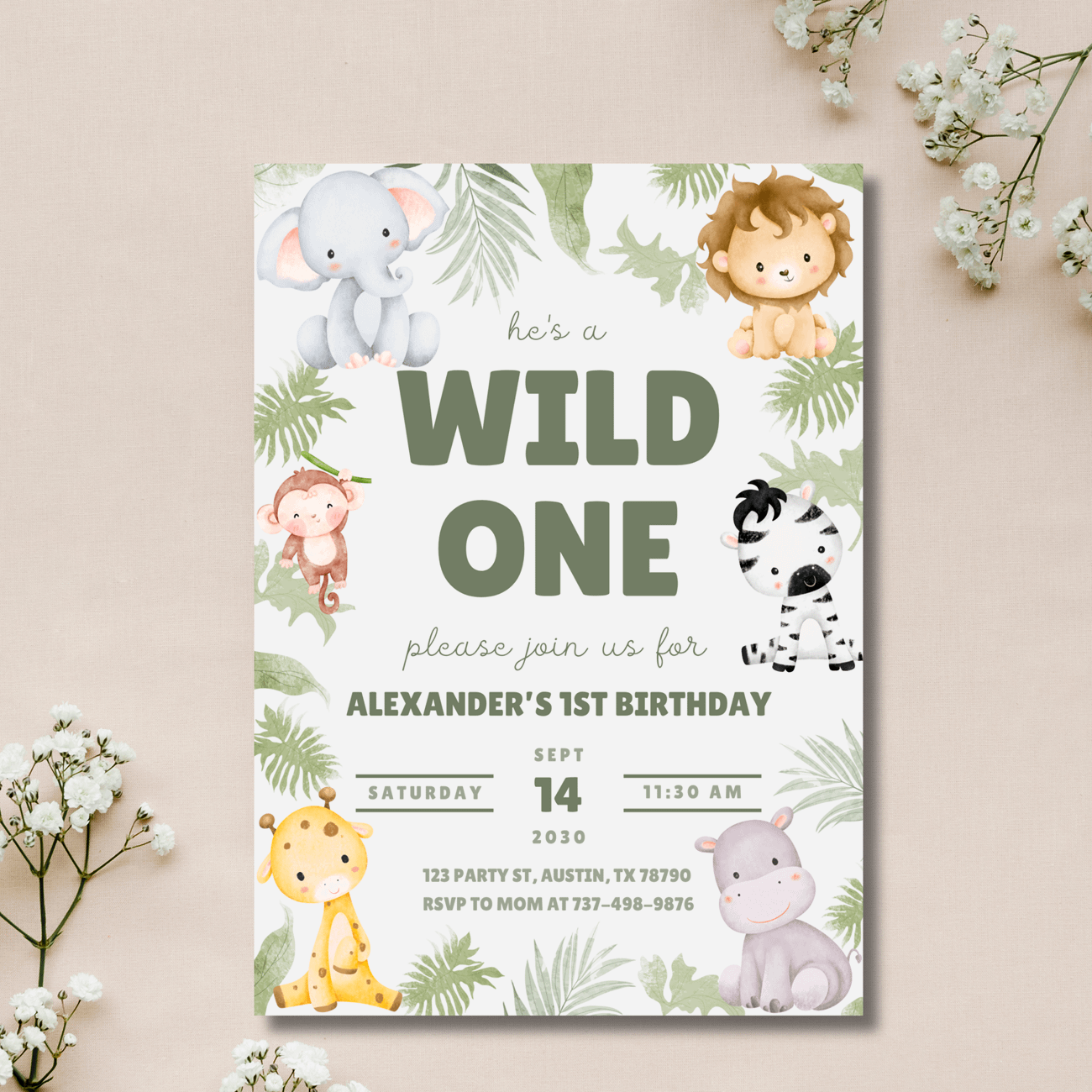 Wild One Birthday Invitation | Safari 1st Birthday Invite | Jungle Party | Animal Theme | Editable Canva Template product image (4)