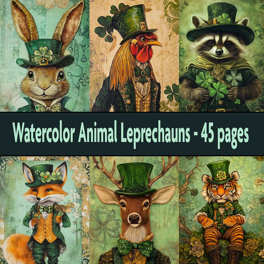 St. Patrick's Day Watercolor Animal Leprechauns Digital Paper Pages, Scrapbook, Junk Journal, printable images product image (1)