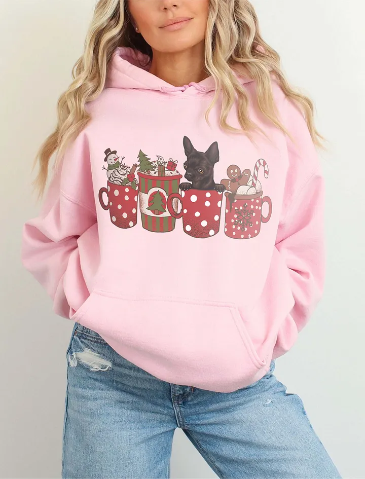 Cute Chihuahua(Brindle) in a Christmas Cup Hooded Sweatshirt | Funny Christmas Pup in a Cup product image (6)