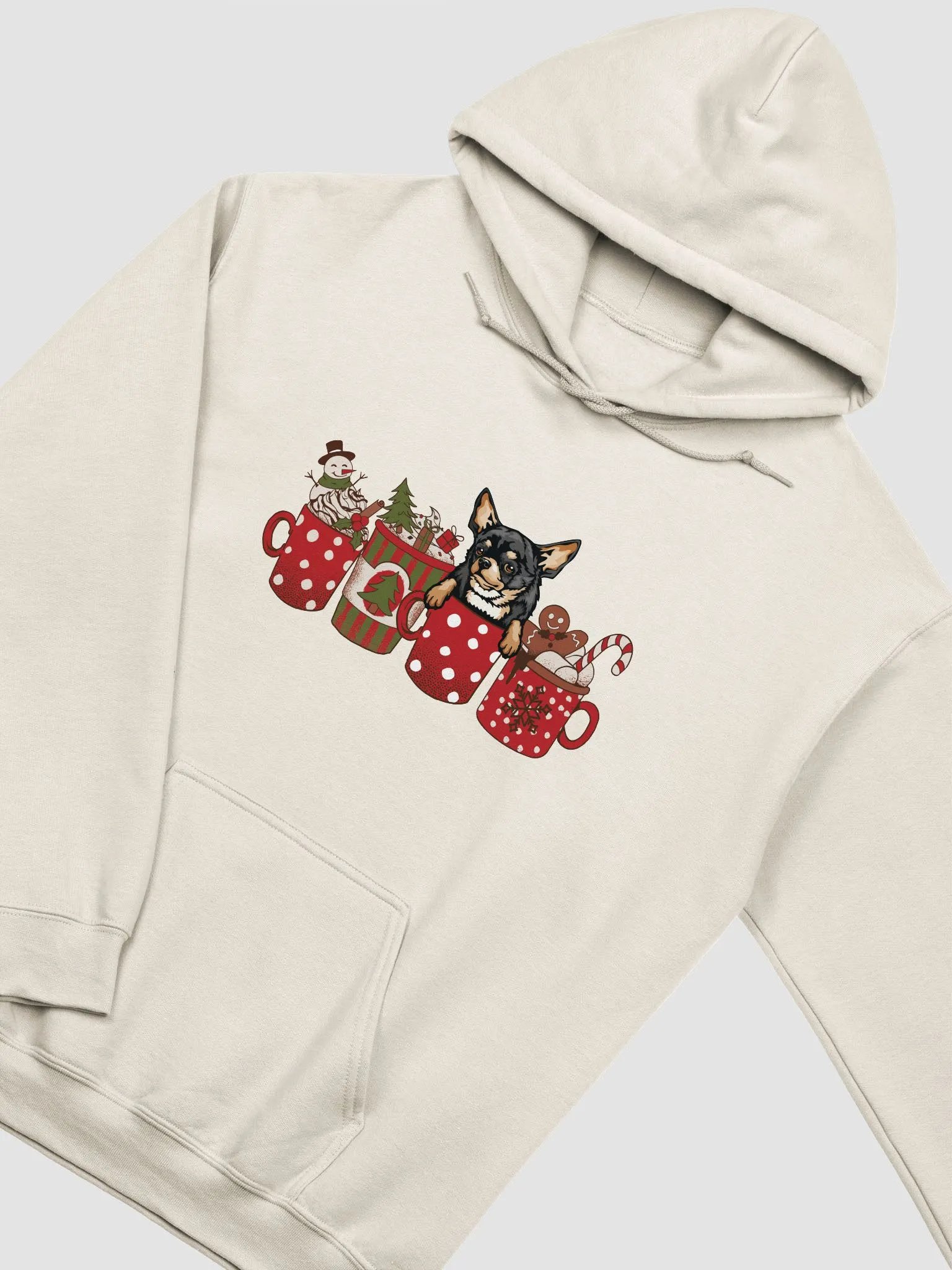 Cute Chihuahua(Tricolor) in a Christmas Cup Hooded Sweatshirt | Funny Christmas Pup in a Cup product image (20)