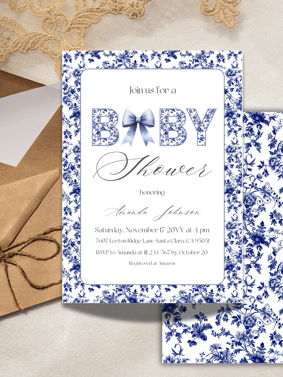 Blue Bow and Chinoiserie Baby Shower Invitation, Floral Toile de Jouy Themed Invite Boy Baby Shower Party, Digital Download product image (2)
