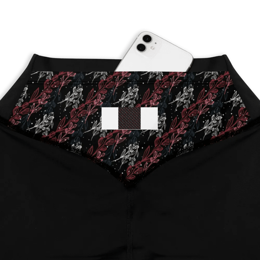 Dark sports Leggings in unusual diagonal red apricot design on black design with slight sparkle. product image (1)